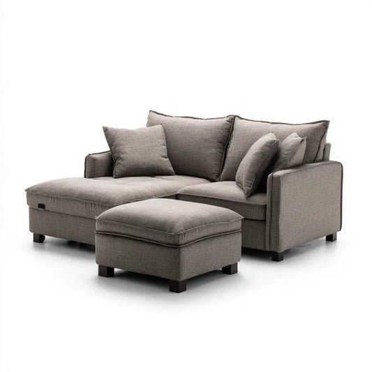 Divano angolare con chaise longue e pouf grigio tortora 250 x 160 x 88 cm in poliestere forma a L