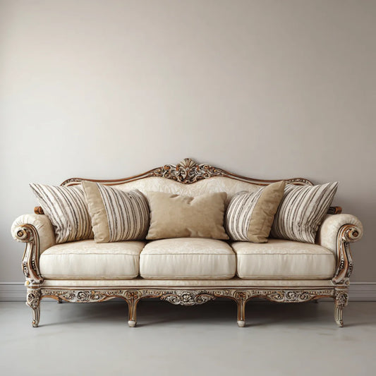 Divano 3 posti classico avorio 230 x 95 x 110 cm in poliestere e legno massello di faggio rettangolare