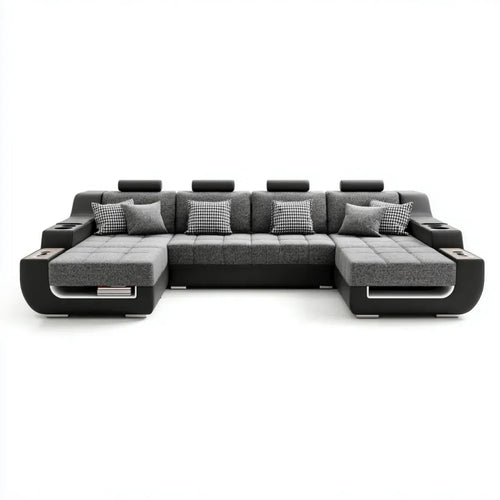 Divano angolare a U grigio e nero 6 posti con chaise longue 320 x 190 x 90 cm in poliestere e PU
