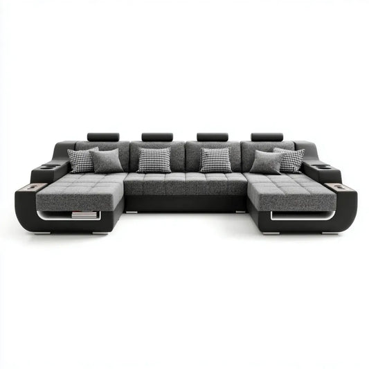 Divano angolare a U grigio e nero 6 posti con chaise longue 320 x 190 x 90 cm in poliestere e PU